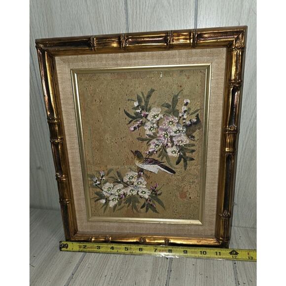 Vtg Asian Chinese Painting Cork Paper Bird Flowers Professionally Framed Signed - Picture 3 of 9